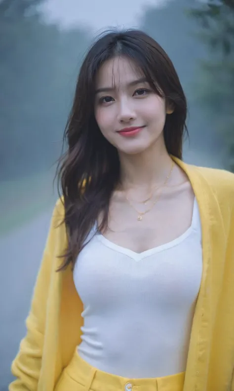 xxmixgirl, a mysterious woman, fog, movie lights, yellow theme, smiling