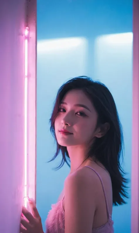 xxmixgirl, a mysterious woman, fog, movie lights, blue and pink theme, smiling