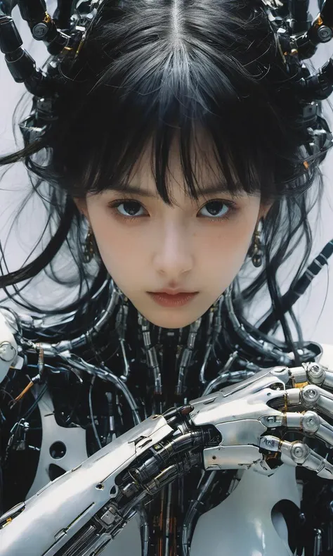 Top Quality, Masterpiece, Ultra High Resolution, (Photorealistic: 1.4), Raw Photo, 1 Girl, Black Hair, Glossy Skin, 1 Mechanical Girl, (Ultra Realistic Detail)), Portrait, Global Illumination, Shadows, Octane Rendering, 8K, Ultra Sharp, Big, Cleavage Exposed Raw Skin, Metal, Intricate Ornament Details, Japan Details, Very intricate details, realistic light, CGSoation trend, purple eyes, glowing eyes, facing the camera, neon details, mechanical limbs, blood vessels connected to the tube, mechanical vertebrae attached to the back, mechanical cervical attachment to the neck, sitting, wires and cables connecting to the head, gundam, small LED lamps,