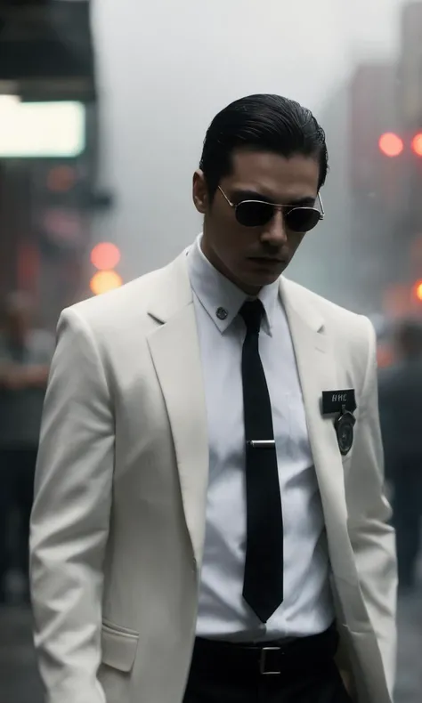 xxmix, guiltys, a detective man, tuxedo on, thriller theme, upper body, deal with it, serious theme, dramatic mood, (bokeh:1.1), depth of field, style of Casey Baugh, tracers, vfx, splashes, light particles, police departament background, signs, illustration, artstation, smoke, fog, steam