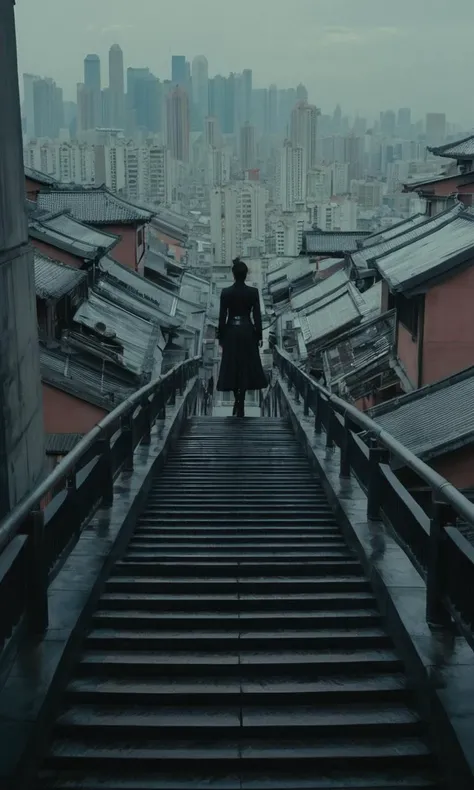 xxmix, top of endless Staircase, watching endless Staircase city, cyperpunk style, endless flying Lantern lighting, endless people, cyborg style, HZ Steampunk, cyborg style, cyborg, Movie Still, Film Still, ink scenery