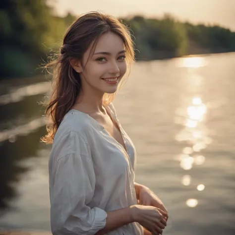 best quality,  xxmix_girl,portrait of a woman,graininess,smile,summer,river,