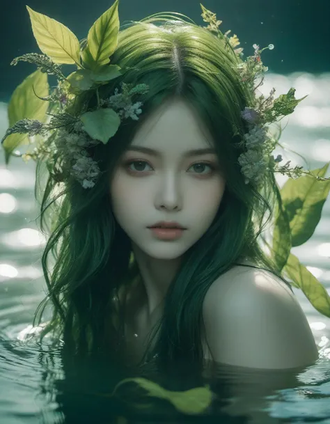 (xxmix_girl: 1.2), the best quality, a masterpiece of a master, an elf hidden in the water, (under the deep sea: 1.2), a beautiful humanoid legendary creature with long pointed ears, a relatively thin body, made of green plants Clothes most beautiful chaos fantasy fantasy (shallow depth of field) vignette highly detailed high budget hollywood bokeh cinemascope moody film lighting epic gorgeous film grain albert watson , color photographic artwork,