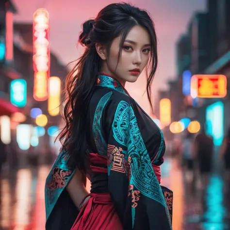Dynamic angle,(((masterpiece:1 0))),(hyperrealism:1 5),High Detail RAW color Photo,(full body:1 0),Stunning young girl,(korean: 0. 3, Celtic, :0. 3, Romanian:0. 4),wearing a kimono,cheongsam,Oriental Village,Ninja,Assassin,tattoos,wild dark hair,Wavy Cut with Curtain Bangs,dreamy cyberpunk girl,cyberpunk art style,cyberpunk beautiful girl,cyberpunk girl,model girl,cyberpunk vibe,beautiful digital artwork,bright cyberpunk glow,cyberpunk vibrant colors,neon rainy cyberpunk setting,cyberpunk vibes,neon rain,cyberpunk art,smokey eye shadow,high detail skin,high detail eyes,high detail hair,neo-tokyo,photography,beautiful,dramatic lighting,shallow depth of field,Ultra-realistic,