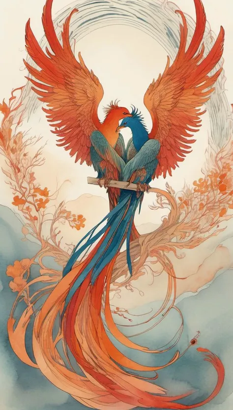 Natural scene, minimal shading, two phoenix embracing each other passionately, charming character design, Watercolor and Illustrated