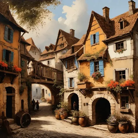stunning 17th century european village scenery, detailed and intricate environment, oil painting, palette knife soft brushstrokes, heavy strokes, dripping paint, art station on trend, sharp focus, intricate details, highly detailed