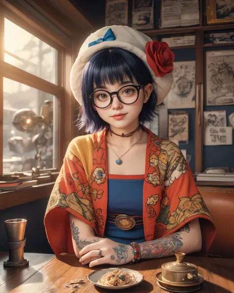 ultra wide angle shot,cinematic style,8k,RAW photo,photo-realistic,masterpiece,best quality,highres,extremely detailed,intricate details,absurdres resolution,High quality texture,detailed texture,vivid color,professional lighting,radiosity,photon mapping,physically-based rendering,High quality shadow,Ray tracing,hdr,sharp edges,Norimaki Arale,Norimaki Arale covered in tattoos,Toriyama Akira,vector style,