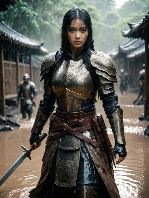 masterpiece, extremely best quality, official art, cg 8k wallpaper,From side,Film texture ,((A dim light)),((full body)),realistic,light particle, highly detailed,dark theme,far side view ,corpse in background ,battle field background ,,wariors
a chinese female general swimming in a very deep muddy water by a jungle ,((mud)), full chinese Ancient gray armor,((messy long wet hair)),((very dirty face:1.4)),mud color armor ,mud color theme, brown theme,((mud on armor))<lora:Dark realism:0.3>,rain,((rain line)),rain drop,,angry face ,battel position,((hold sword in hand )),wet cloth,water on face,mod on face ,mud on cloth ,mud on armor<lora:xl_more_art-full_v1:0.4>,((blood on the face)),blood on armor