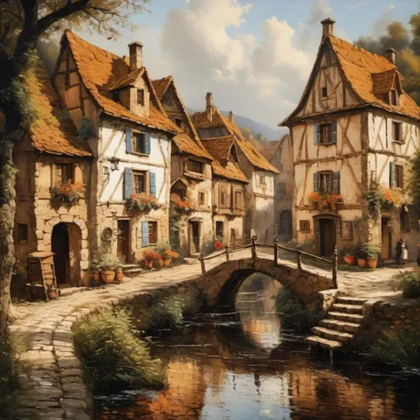 stunning 17th century european village scenery, detailed and intricate environment, oil painting, palette knife soft brushstrokes, heavy strokes, dripping paint, art station on trend, sharp focus, intricate details, highly detailed