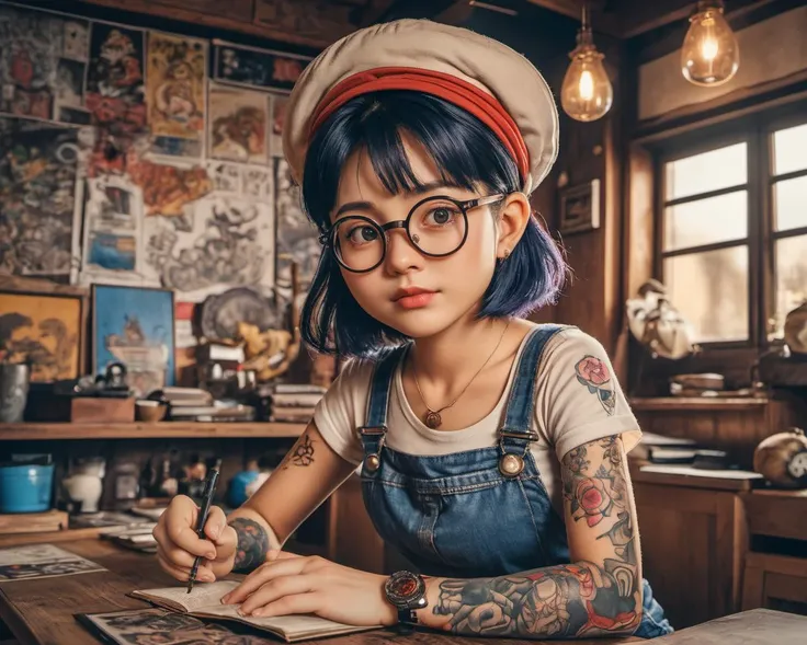ultra wide angle shot,cinematic style,8k,RAW photo,photo-realistic,masterpiece,best quality,highres,extremely detailed,intricate details,absurdres resolution,High quality texture,detailed texture,vivid color,professional lighting,radiosity,photon mapping,physically-based rendering,High quality shadow,Ray tracing,hdr,sharp edges,Norimaki Arale,Norimaki Arale covered in tattoos,Toriyama Akira,vector style,