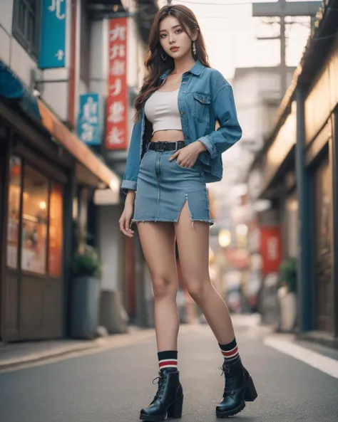 A woman in a denim skirt and black boots standing on a street - SeaArt AI