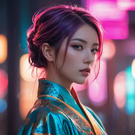 Dynamic angle,(((masterpiece:1 0))),(hyperrealism:1 5),High Detail RAW color Photo,(full body:1 0),Stunning young girl,(korean: 0. 3, Celtic, :0. 3, Romanian:0. 4),wearing a kimono,cheongsam,Oriental Village,Ninja,Assassin,tattoos,wild dark hair,Wavy Cut with Curtain Bangs,dreamy cyberpunk girl,cyberpunk art style,cyberpunk beautiful girl,cyberpunk girl,model girl,cyberpunk vibe,beautiful digital artwork,bright cyberpunk glow,cyberpunk vibrant colors,neon rainy cyberpunk setting,cyberpunk vibes,neon rain,cyberpunk art,smokey eye shadow,high detail skin,high detail eyes,high detail hair,neo-tokyo,photography,beautiful,dramatic lighting,shallow depth of field,Ultra-realistic,