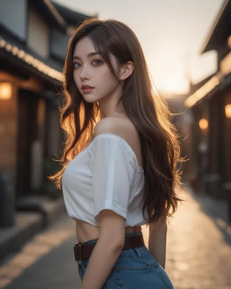 ultra wide angle shot,cinematic style,8k,RAW photo,photo-realistic,masterpiece,best quality,highres,extremely detailed,intricate details,absurdres resolution,High quality texture,detailed texture,vivid color,professional lighting,radiosity,photon mapping,physically-based rendering,High quality shadow,Ray tracing,perfect body,perfect face,Sony A7,extremely beautiful face,extremely beautiful eyes,1girl,denim miniskirt,miniskirt,belt,solo,navel,shirt,midriff,shirt,crop top,large breasts,(underboob:1.2),outdoors,street in japan,(loose socks:1.1),bangs,long hair,full body,t-shirt,short sleeves,standing,footwear,(light smile:0.8),(gothic makeup:1.3),(dynamic pose:0.6),long hair,