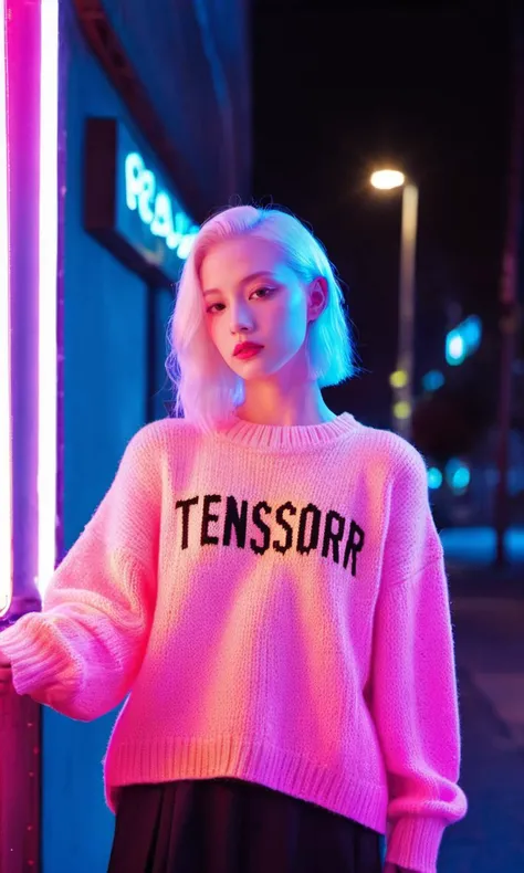 xxmixgirl, A young albino woman holding a neon sign that says "TensorArt" realism, cinematic outfit photo, cinematic pastel lighting, 80s neon still, knitted sweater