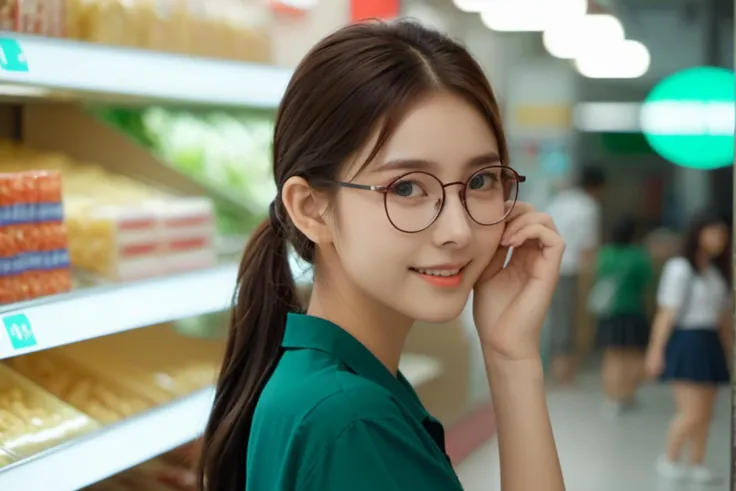<lora:greenjk2:0.75>,ruru,
cinematic photo 1girl,xxmix_girl,
17 yo high school girl,ponytail,(smiling sweetly:0.3),dark green shirt, (black skirt),glasses,walking,convenience shop,Taipei city, high detailed face,high detailed eyes,
50mm photography, film, bokeh, professional, 4k, highly detailed,