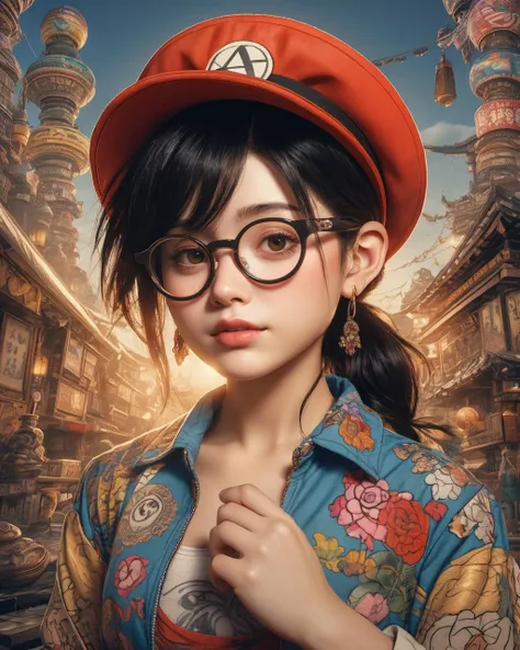 ultra wide angle shot,cinematic style,8k,RAW photo,photo-realistic,masterpiece,best quality,highres,extremely detailed,intricate details,absurdres resolution,High quality texture,detailed texture,vivid color,professional lighting,radiosity,photon mapping,physically-based rendering,High quality shadow,Ray tracing,hdr,sharp edges,Norimaki Arale,Norimaki Arale covered in tattoos,Toriyama Akira,vector style,