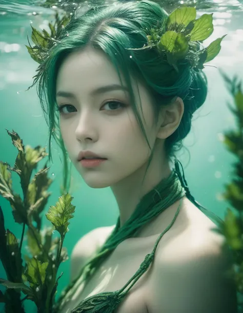 (xxmix_girl: 1.2), the best quality, a masterpiece of a master, an elf hidden in the water, (under the deep sea: 1.2), a beautiful humanoid legendary creature with long pointed ears, a relatively thin body, made of green plants Clothes most beautiful chaos fantasy fantasy (shallow depth of field) vignette highly detailed high budget hollywood bokeh cinemascope moody film lighting epic gorgeous film grain albert watson , color photographic artwork,

