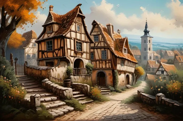 stunning 17th century european village scenery, detailed and intricate environment, oil painting, palette knife soft brushstrokes, heavy strokes, dripping paint, art station on trend, sharp focus, intricate details, highly detailed