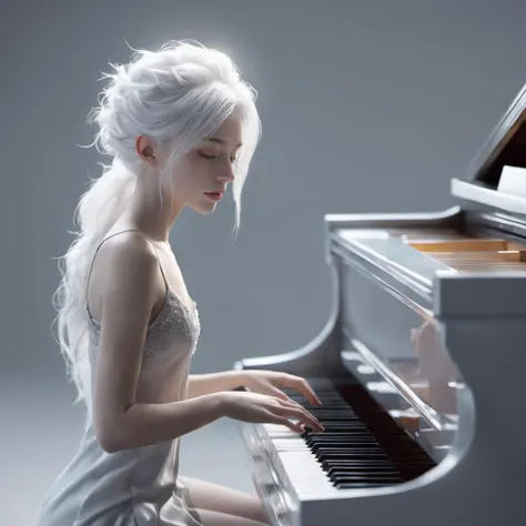 1girl, 3d blender render, Eimear of Ice, Playing piano, Foggy White hair, Side lighting