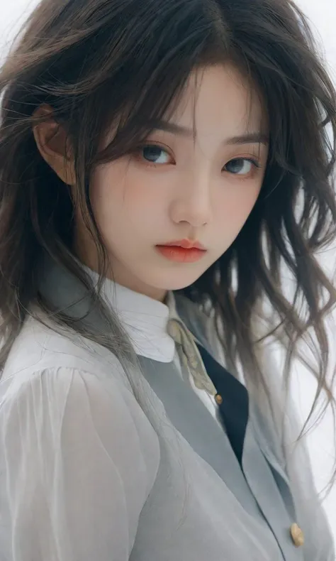 xxmixgirl,Illustration of a girl with hair dye, in school uniform, in the style of zhang jingna, dark gray and light black, 8k resolution, miho hirano, close - up intensity, character caricatures, albert edelfelt
