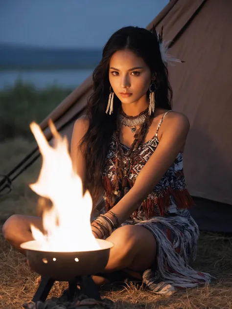 a woman sitting at a campfire, tents, at night, fire light, dark silhouette, beautiful eyes, beautiful girl, high detail skin, high detail eyes, high detail hair, highres, ultra detailed, sharpen picture, Highly detailed, masterpiece, best quality, photorealistic,
1girl, (beautiful face), perky breasts, supermodel body, long hair, native american, dark skin, feathers, hair ornament, jewelry, necklace, tribal, headdress, armlet, (facepaint, tattoos), braid, bracelet, (upper thighs shot:1.3),