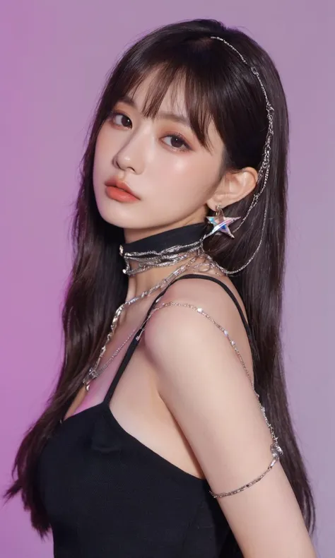 xxmixgirl,woman in a black dress posing for a picture, “uwu the prismatic person, kpop style colors, shot at night with studio lights, neck chains, inspired by Wang Yuanqi, brown hair with bangs, 1:1 album artwork, streaming on twitch, plastic doll, lisa, glamorous angewoman digimon