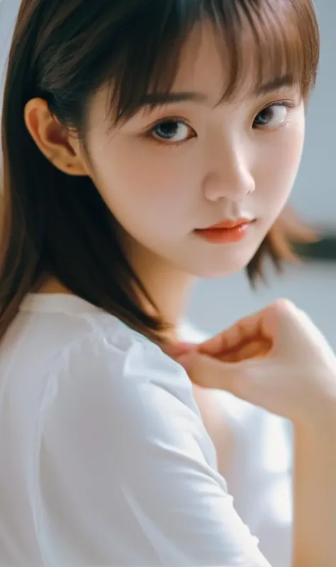 masterpiece, highest quality, 8k, 20th generation, Big Breasts, cute, alone, sad, cute, Girlish, cute、Delicate girl, Pure beauty,  RAW Photos, Professional photography, Portraiture, Soft Light, Professional Lighting, Backlight, Head to knee photo, avert your eyes, Sophisticated, Film Grain, (Round face、Young Face、Thin eyebrows、Thin lips:1.0), Floating Hair, beautiful, Flowing hair, bangs, White blouse、pastel cardigan、(Big Breasts:1.2)、You can see the chest a little、Micro Mini Skirt、Voluptuous thighs、dolly make、Heterochromia iridis、Left and right eyes are different colors、Midsummer sky、Cumulonimbuidsummer Beach