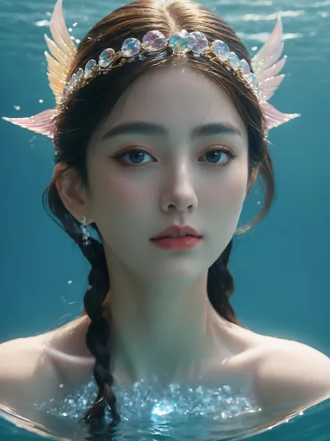 (masterpiece), (a mermaid with colorful crystal wings on the water:1.6), very beautiful fantasy art, detailed fantasy art, detailed fantasy digital art, 4k fantasy art, epic fantasy art style UHD, UHD fantasy art, water fairy, finely detail, ultra-detailed, highres, soft light, mascara, makeup, (beautiful detailed sexy face:1.2), long wavy hair, bangs, (extremely detailed face) and eyes, beautiful detailed nose, beautiful detailed eyes, coastal, cinematic lighting, (full body shot), water, water element,