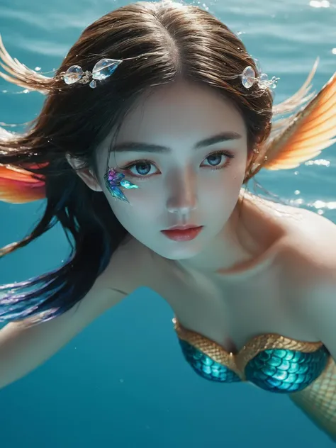 (best quality,4k,8k,highres,masterpiece:1.2),ultra-detailed,(realistic,photorealistic,photo-realistic:1.37),illustration,mermaid,fantasy,blue-green color palette | a beautiful girl with long, flowing red hair, sparkling detailed eyes, and luscious lips, transforming into a mesmerizing mermaid underwater in the vast sea. The underwater scene is filled with vibrant colors, showcasing the enchanting beauty of the ocean. The mermaid gracefully swims, surrounded by coral reefs, schools of exotic fish, and swaying sea plants. Sunlight streams through the water, casting a magical glow on the mermaid's iridescent scales. The whole image is filled with a sense of wonder and mystery, evoking the captivating allure of the mythical mermaid,(light smile:1.2) nsfw