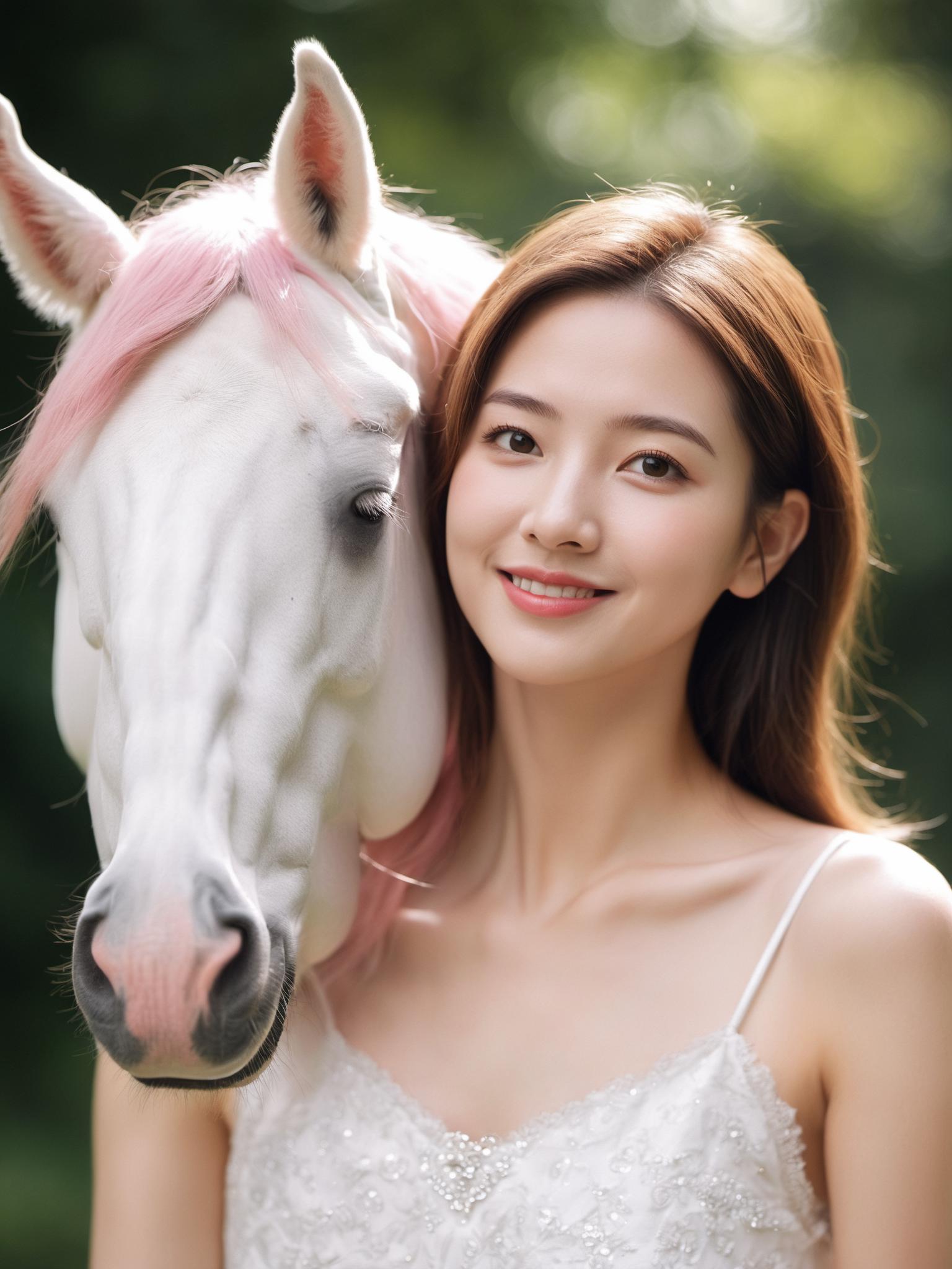 Araffe with pink hair and a white horse with a pink mane - SeaArt AI