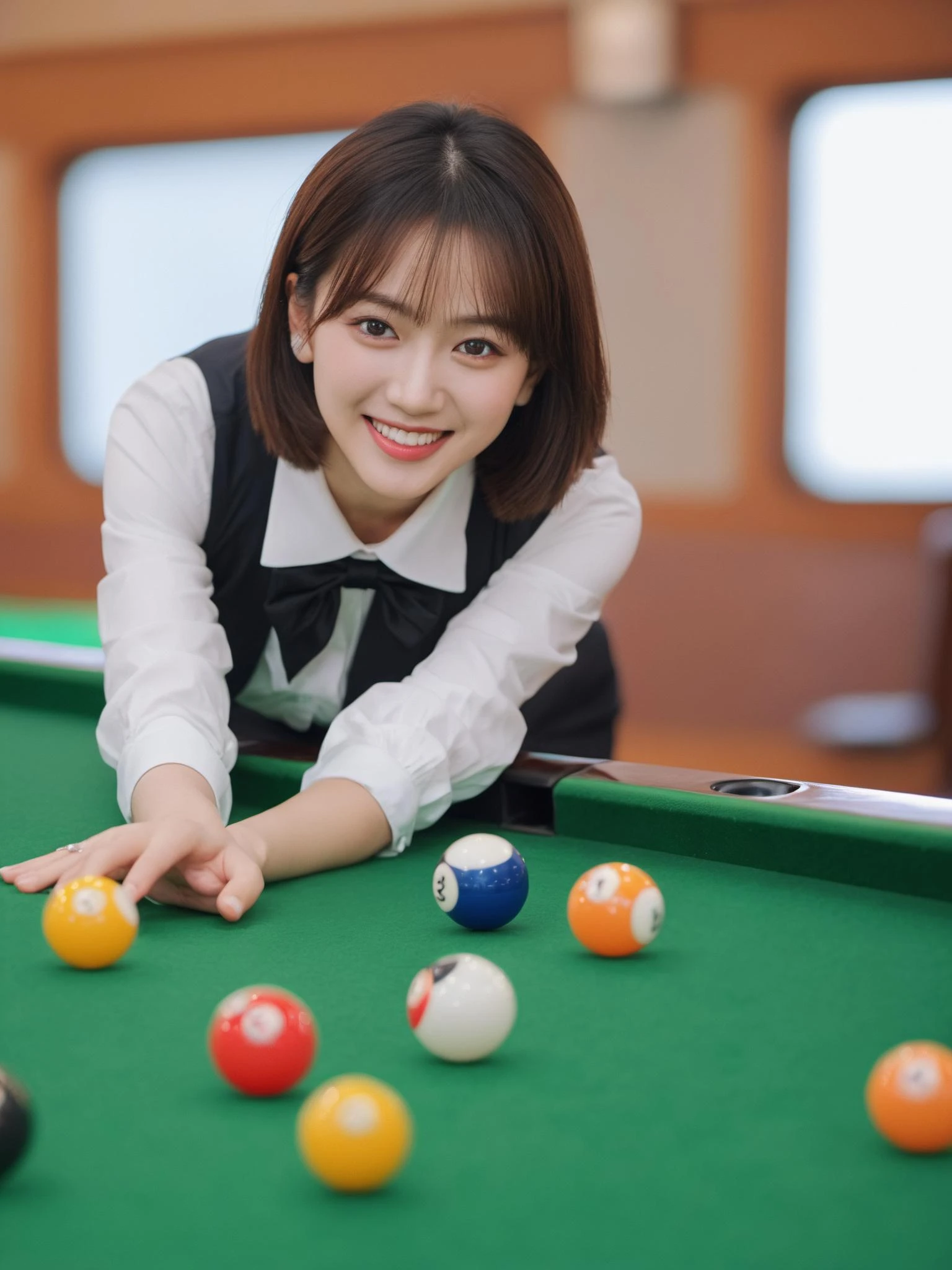 xxmixgirl, A very sexy Japanese idol with a perfect smile, large breasts, cleavage, Shirt with bow tie, short shorts, boots, playing pool ball, the most beautiful dynamic poses, dynamic angles, (upper thighs shot),
(intricate details), hdr, (intricate details, hyperdetailed:1.2), cinematic shot, ((Masterpiece, high quality, best quality, official art, beautiful and aesthetics, detailed face, detailed eyes)),