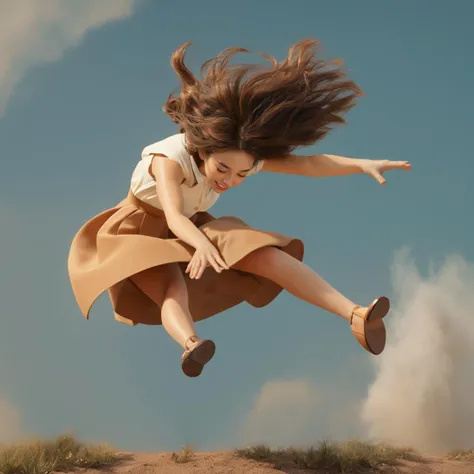 masterpiece,photo realistic,4k,8k,charming,women,Sprawling Funny girl,Reverend,Jumping,Brown Exhausted hair,Hazy conditions,Polychromatic,(more_details:0.5),