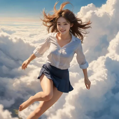 Hawk eye,best quality,realistic,(ultra-detailed),(beautiful Background,detailed background),picturesque scenery,(1 lady is flying, happy,jumping,school uniform:1.5),(under zero gravity:1.3),<lora:tareme_v10_dylora:-0.7>,realistic, (up skirt, white panties, wind,:1.3) , looking down from the sky, perspective floating in the air ,horizon, RUINS,OCEAN<lora:Submerged ruins-v1:0.7>,japanese scool girl,
hovering above a sea of clouds,,over zero gravity,Hawk eye,realistic, up skirt,panties, wind,