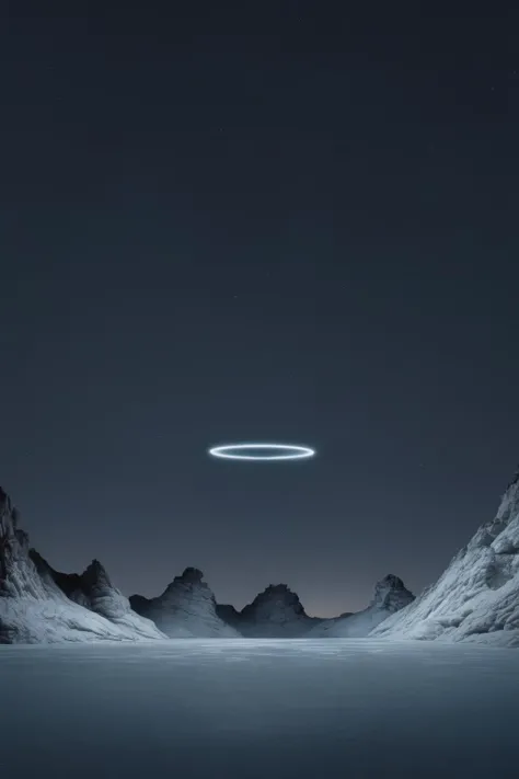 <lora:Photographer Reuben Wu Style:1>Photographer Reuben Wu Style - a circular light object is seen in the dark sky above a frozen mountain range