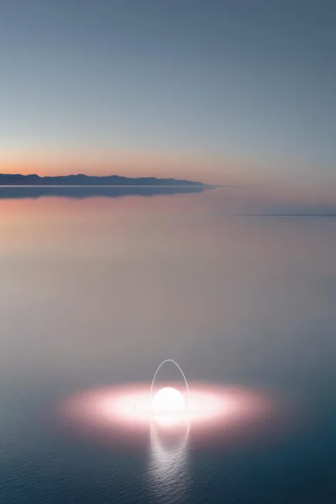 <lora:Photographer Reuben Wu Style:1>Photographer Reuben Wu Style - a light circular object is in the middle of a vast expanse of water with a sunset in the background