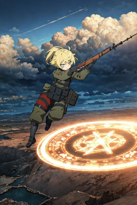 (masterpiece, best quality:1.2), <lora:TanyavonDegurechaff001:0.7>,solo, TanyavonDegurechaff,1littlegirl, ponytail,air_combat_mage, iron cross, front waist bag, porch, rifle, aiming, shine, flying, sky, glowing, (magic circle in the sky:1.2),