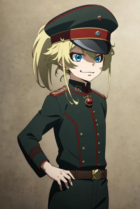 (masterpiece, best quality:1.2), <lora:TanyavonDegurechaff001:0.7>,solo, TanyavonDegurechaff,1littlegirl, ponytail, military hat, military uniform,red pendant, belt,pants,evil smile,