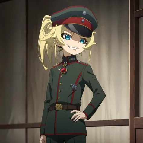 alone,Tanyavon Degurechaff,One Girl,ponytail,military hat,uniform,Red pendant,belt,pants,blush,smile,headpatPOV, throw, headpat,