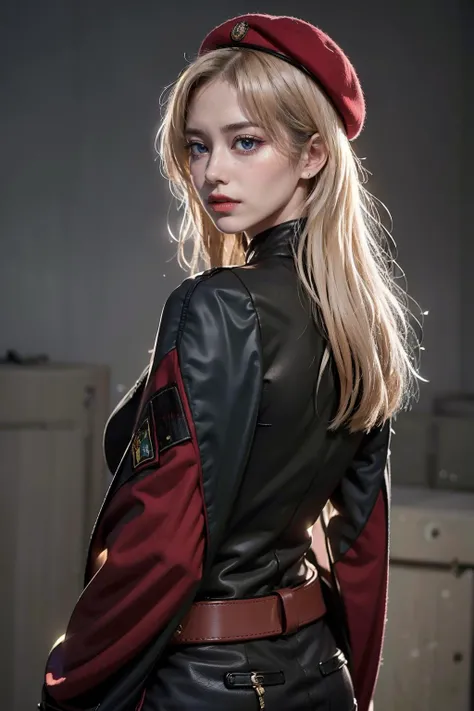 Best quality, masterpiece, ultra high res, (photorealistic:1.4), 1girl, light frown, serious, original outfit, upper body, hands on hip, red beret, green cape, blonde hair, blue eyes, tactical clothes, gray gloves, belt, european <lora:RussianDollV3:0.2> <lora:add_detail:0.1> <lora:AK M GFL_20230604233847:1>