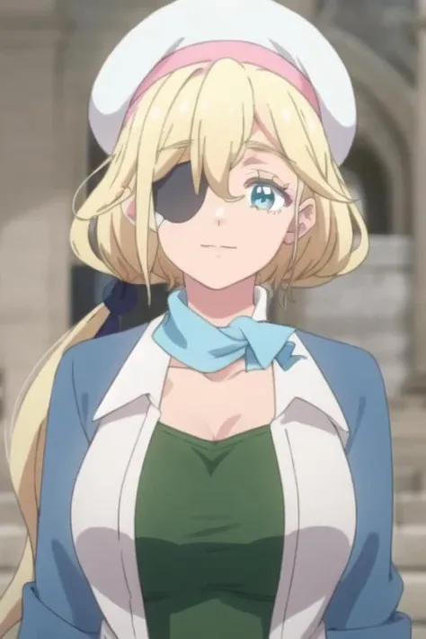 <lora:Masamune-kun:1>, 1girl, solo, muriel besson, blue jacket, green shirt, blue neckerchief, white headwear, eyepatch, upper body