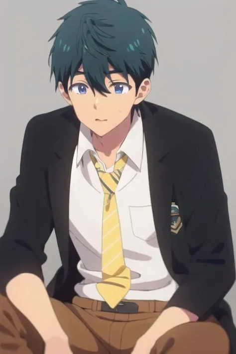 <lora:Masamune-kun:1>, 1boy, solo, masamune makabe, black jacket, white shirt, yellow necktie, brown pants