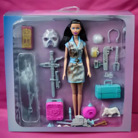 a dystopian filmic mongolian barbie of the steppes ,plastic toy playset pack with its surviving equipements against cold, gazmask, weapon, rations, water, premium playset toy box with dystopian steppes background, surreal professionnal photography, album cover art, inboxDollPlaySetQuiron style, martius_storm plastic storm, ice, inside gift box post apocalyptic