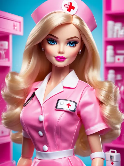 Ultra high resolution, high resolution, (masterpiece: 1.4), hyper-detail, 1girl, inboxDollPlaySetQuiron style, full body, no humans, doll, toy, barbie, in a gift box, character print, blonde hair, middle length hair, blight blue eyes, (((wearing a detailed pink theme nurse outfit and matching accessories:1.5))), pink sparkles, sprinkles, barbie pink color theme, beautiful female barbie, full lips, parted_lips, heavy make-up, smoky eyes, detailed eyes, pretty face,3DMM,inboxDollPlaySetQuiron style,(margot robbie),
<lyco:sdxl1_quiron_inboxDollPlaySet_v3_lycoris:1.0>