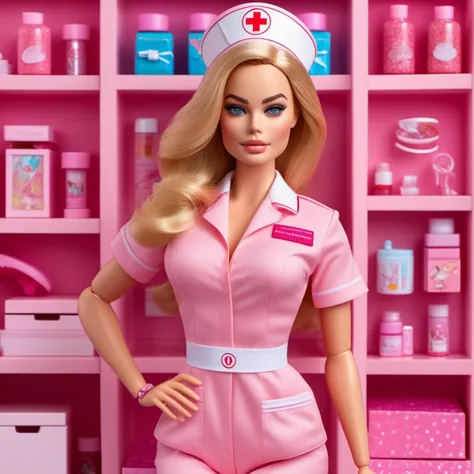 cinematic photo (inboxDollPlaySetQuiron style), Ultra high resolution, high resolution, (masterpiece), hyper-detail, full body, no humans, doll, toy, barbie, in a gift box, character print, blonde hair, middle length hair,(wearing a detailed pink theme nurse outfit and matching accessories), pink sparkles, sprinkles, barbie pink color theme, beautiful female barbie, full lips, parted_lips, heavy make-up, smoky eyes, detailed eyes, pretty face,3DMM,inboxDollPlaySetQuiron style, (margot robbie),
<lyco:sdxl1_quiron_inboxDollPlaySet_v3_lycoris:0.67>