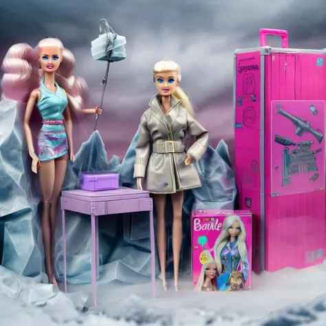 a dystopian filmic mongolian barbie of the steppes ,plastic toy playset pack with its surviving equipements against cold , premium playset toy box with dystopian steppes background, surreal professionnal photography, album cover art, inboxDollPlaySetQuiron style, martius_storm plastic storm, ice, inside gift box post apocalyptic