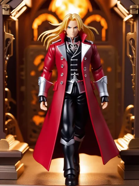 premium playset toy box, (masterpiece, best quality, ultra detailed, absurdres),(inboxDollPlaySetQuiron style), the barbie superheroine Edward Elric (Fullmetal Alchemist): Edward's iconic red coat is adorned with silver trim and features an alchemical symbol on the back. Underneath, he wears a black undershirt, pants, and boots, along with a silver pocket watch. (plastic toy playset pack), inside gift box,
 <lyco:SDXL1.0_quiron_inboxDollPlaySet_v5.1_lycoris:0.97>