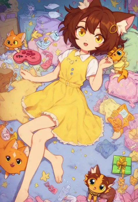 score_9, score_8_up, score_7_up, score_6_up, orange cat, brown hair, short hair, Tigra, 1girl, yellow dress, animal ears, yellow eyes, pastel colors, high res image, masterpiece, plastic toy playset pack, premium playset toy box, inside gift box