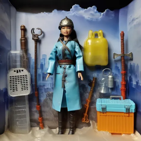 a dystopian filmic mongolian barbie of the steppes ,plastic toy playset pack with its surviving equipements against cold, warm armored coat, warm helmet, gazmask, weapon, rations, water, premium playset toy box with dystopian steppes background, surreal professionnal photography, album cover art, inboxDollPlaySetQuiron style, martius_storm plastic storm, ice, inside gift box post apocalyptic