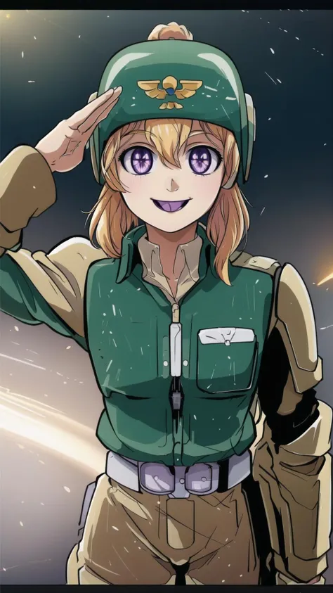 <lora:CadiaChan-10:0.8> cadiachan, blonde hair, ponytail, purple eyes, smile, BREAK, beige pants, green helmet, beige skirt, Military helmet, military uniform, BREAK, <lora:Salute-10:0.8> Salute, masterpiece, best quality, extremely detailed, highly quality, 4k, sharp focus, professional, sharp focus, award winning, cinematic lighting, octane render, unreal engine, volumetrics dtx, Wallpaper,
