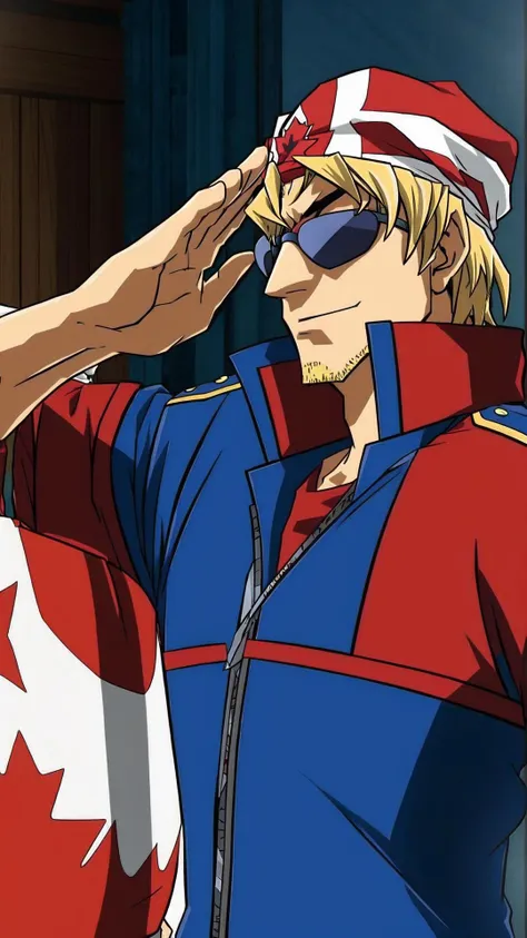 <lora:Bandit Keith - Yu-Gi-Oh:0.6> Bandit Keith, 1boy, blond hair, blue eyes, sunglasses, bandana with Flag, BREAK, <lora:Salute-10:0.8> Salute, BREAK, (canada, canadian flag:1.25), masterpiece, best quality, extremely detailed, highly quality, 4k, sharp focus, professional, sharp focus, award winning, cinematic lighting, octane render, unreal engine, volumetrics dtx, Wallpaper,